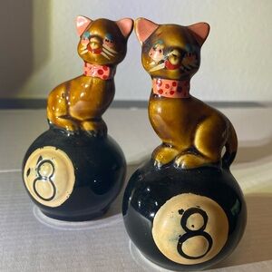 Vintage 50’s Hex Pussycats atop 8 Balls “ They Ward Evil Away” Salt & Pepper Set